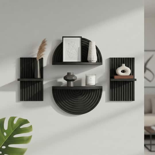 American Art Decor Black Boho Modular Wooden Wall Shelf Set